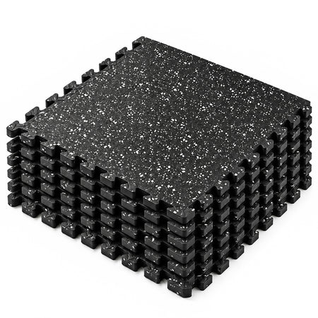 MotionGrey black speckled rubber gym flooring mat, stack of six interlocking tiles.