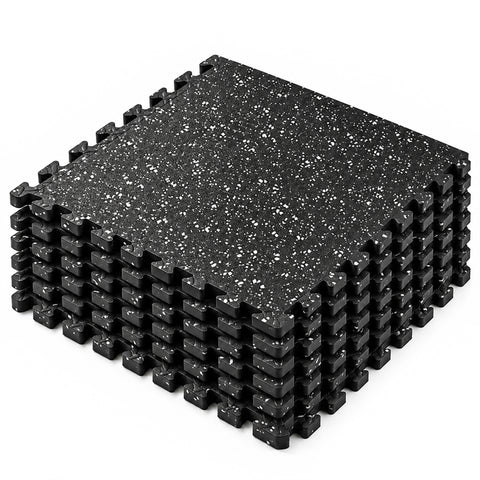 MotionGrey black speckled rubber gym flooring mat, stack of six interlocking tiles.