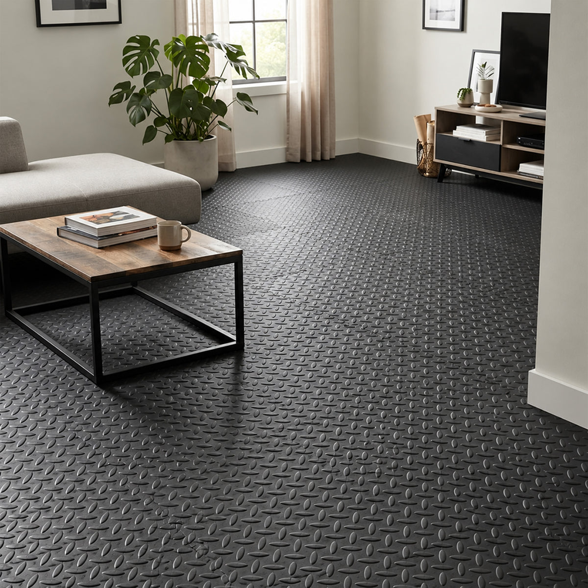 Plain black interlocking EVA foam flooring tiles with raised tread texture installed in a living room.