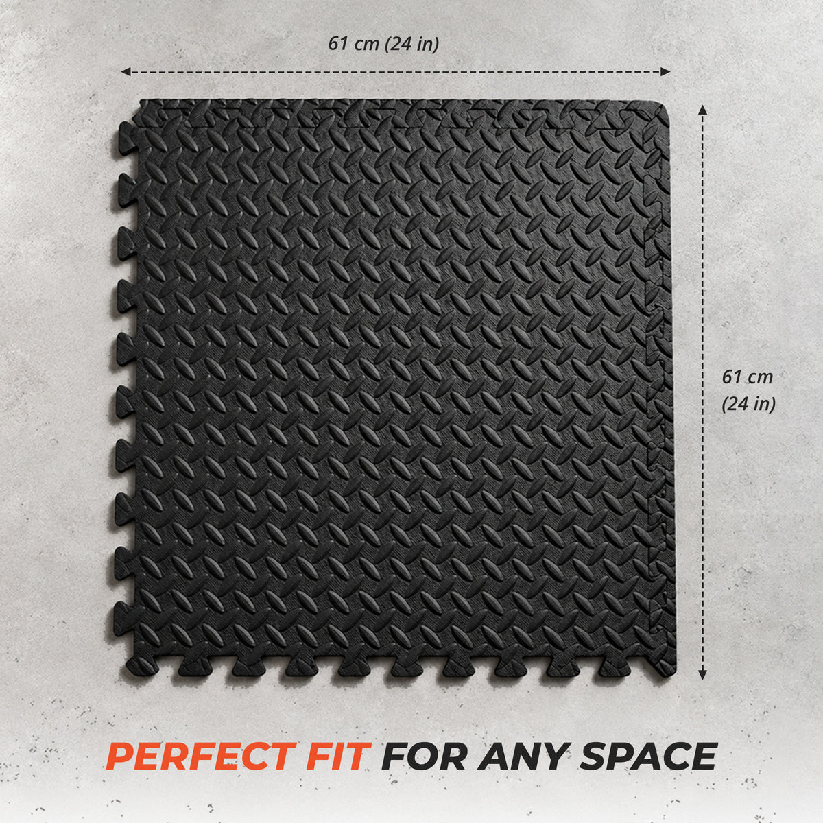 Black textured EVA foam flooring tile measuring 24 by 24 inches, approximately 61 by 61 centimetres.