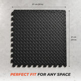 Black textured EVA foam flooring tile measuring 24 by 24 inches, approximately 61 by 61 centimetres.