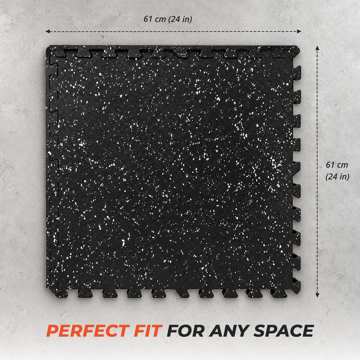 Black speckled gym flooring tile measuring 24 by 24 inches, approximately 61 by 61 centimetres.