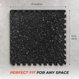 Black speckled gym flooring tile measuring 24 by 24 inches, approximately 61 by 61 centimetres.