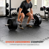Athlete exercising with a trap bar on black speckled rubber gym flooring tiles.