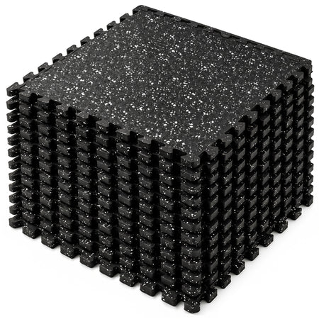 MotionGrey black speckled rubber gym flooring mat, stack of twelve interlocking tiles.