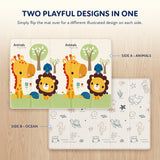 Blessy foldable baby play mat showing colourful animal artwork and the ocean-themed reverse side