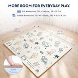 Blessy baby play mat dimensions: 150 × 200 cm open, 75 × 41 × 11 cm folded, and 1 cm thick