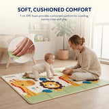 Baby crawling on the soft 1 cm XPE foam Blessy play mat with colourful animal design
