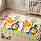 Blessy foldable baby play mat displayed with colourful giraffe and lion animal illustrations