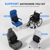 Lumbar support cushion shown on plane, wheelchair, car, and office seats