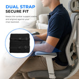 Black lumbar cushion secured to an office chair with dual straps