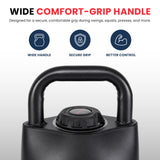 Close-up of the kettlebell's wide comfort-grip handle and selection dial