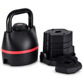 Adjustable kettlebell displayed with its removable weight plates and base