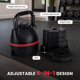 Adjustable kettlebell parts labeled with dial, handle, weight plate, and base