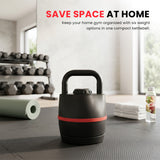 Compact adjustable kettlebell on an exercise mat in a home gym