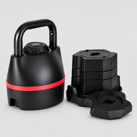 Black adjustable kettlebell with red accent, stacked weight plates, and base