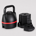 Black adjustable kettlebell with red accent, stacked weight plates, and base