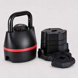 Black adjustable kettlebell with red accent, stacked weight plates, and base