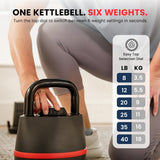 Kettlebell selection dial with six weight settings from 8 to 40 pounds