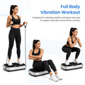 Woman demonstrates standing, seated, and squat exercises on a vibration plate