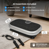 MotionGrey vibration plate with included resistance bands, dimensions, and weight capacity