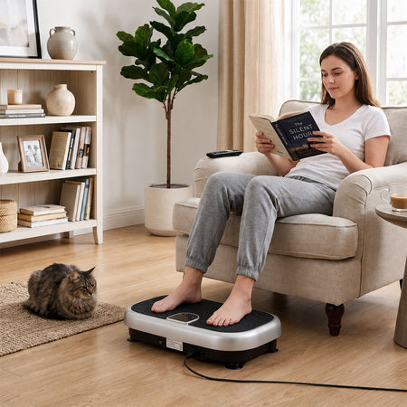 Woman reads in an armchair with bare feet resting on a vibration plate