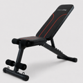 Black adjustable workout bench in an incline position on a white background
