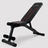 Black adjustable workout bench in an incline position on a white background