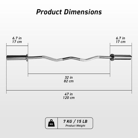 EZ curl bar dimensions and 15-pound product weight diagram