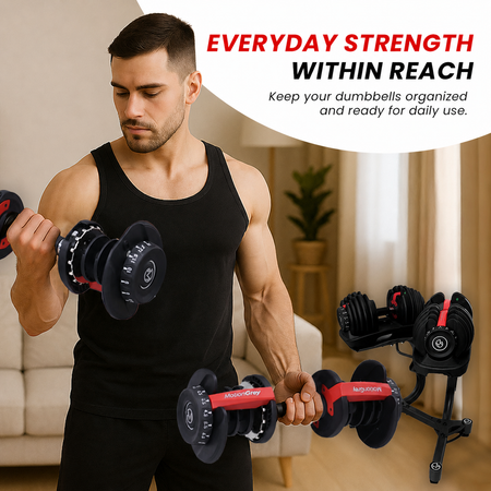 Man curling adjustable dumbbells beside a loaded storage stand