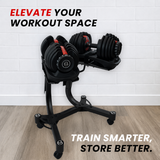 Black dumbbell stand holding two adjustable dumbbells in a home gym