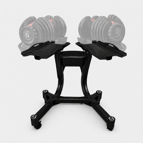 Black adjustable dumbbell stand with two storage trays and a wheeled base