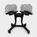 Black adjustable dumbbell stand with two storage trays and a wheeled base