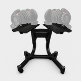 Black adjustable dumbbell stand with two storage trays and a wheeled base