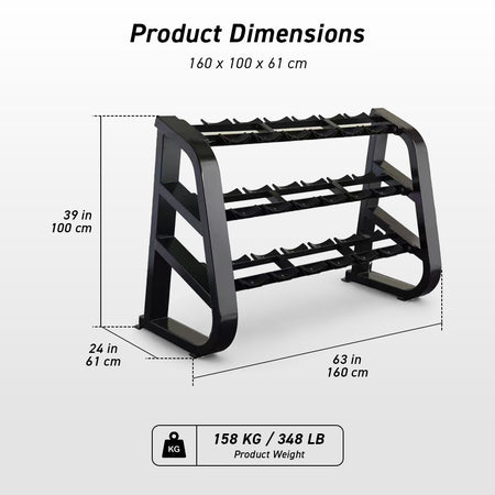 Fixed dumbbell rack dimensions and product weight diagram