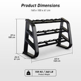 Fixed dumbbell rack dimensions and product weight diagram