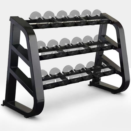 Black three-tier fixed dumbbell rack loaded with dumbbells