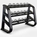 Black three-tier fixed dumbbell rack loaded with dumbbells