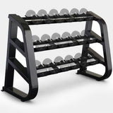 Black three-tier fixed dumbbell rack loaded with dumbbells