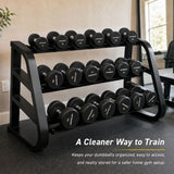 Three-tier dumbbell rack organizing fixed dumbbells in a home gym