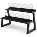 Black two-tier kettlebell rack shown with ten kettlebells