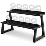 Black two-tier kettlebell rack shown with ten kettlebells