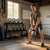 Man exercising with a kettlebell beside a loaded two-tier rack