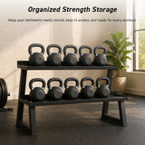 Two-tier kettlebell rack organizing ten kettlebells in a gym