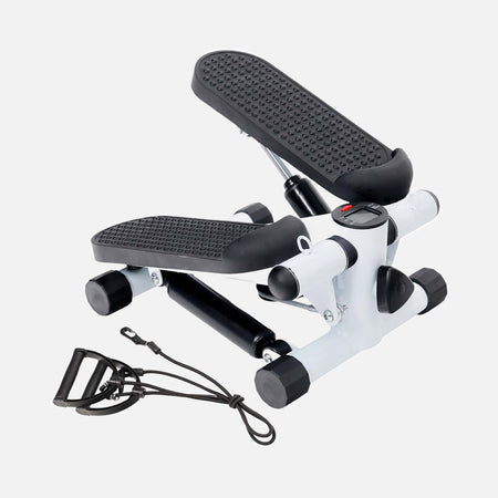 White mini elliptical stepper with black pedals and resistance bands