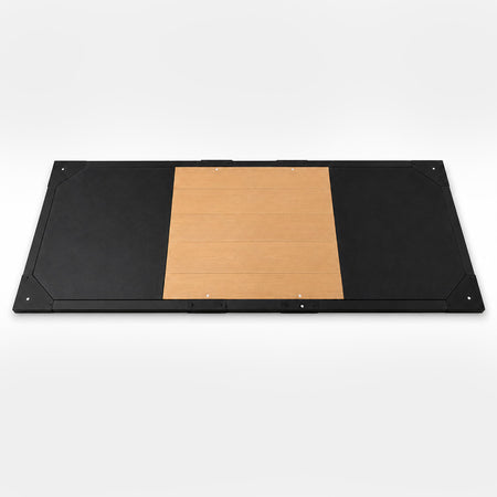 MotionGrey weightlifting platform with a wood-tone center and black lifting surface