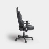 Black Motion Enforcer Pro gaming chair in side profile with footrest extended