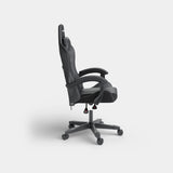 Black Motion Enforcer gaming chair in side profile with footrest extended