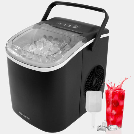 Black countertop ice maker with visible ice, scoop, and iced drink