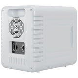 Rear view of the white mini fridge ventilation and power controls